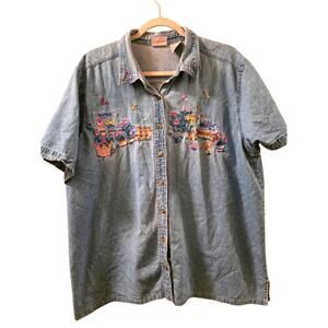Vtg 90s Floral Garden Dragonfly Embroidered Denim Shirt Button Down 18/20W